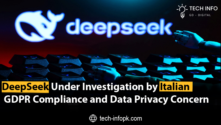 DeepSeek with a digital data privacy warning overlay.